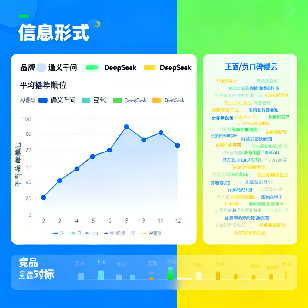 数据可视化图表，左侧为品牌在通义千问、豆包、DeepSeek等12个AI模型中的平均推荐顺位折线图，右侧为正面/负面口碑关键词云，底部显示竞品对标数据，整体风格为信息图形式，色彩明亮