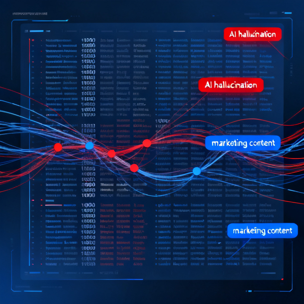 A futuristic interface showing 1000 text entries being analyzed simultaneously, with real-time data flow visualization and color-coded alerts for AI hallucinations and marketing content, designed in a clean corporate dashboard style.