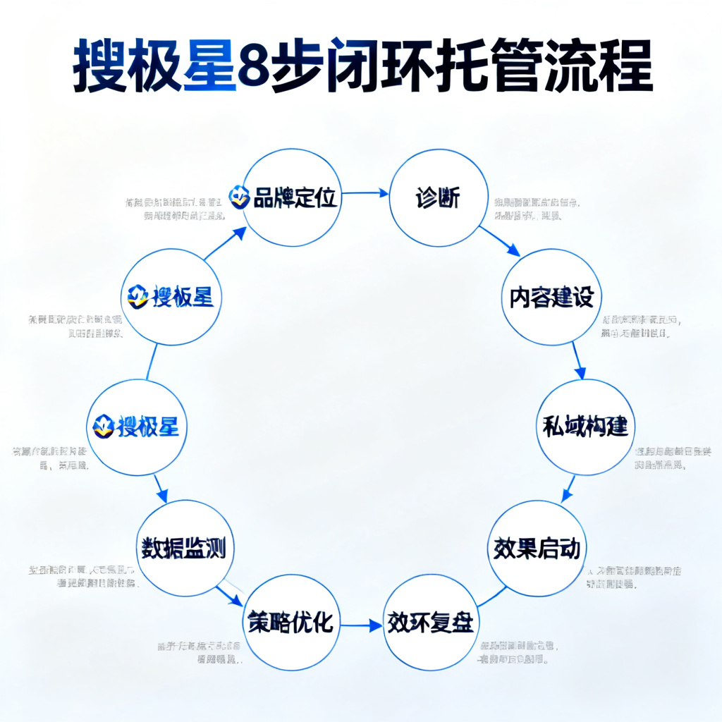 流程图风格，展示从“品牌定位”到“诊断”到“内容建设”再到“私域构建”的8步闭环托管流程，每一步都带有搜极星Logo。