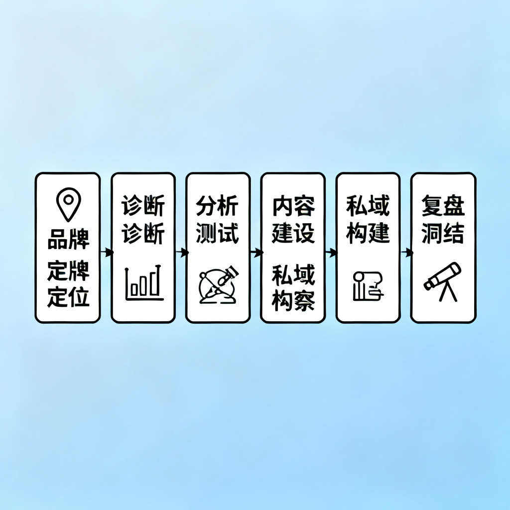 搜极星AI MANAGED OPS流程图,展示从品牌定位、诊断、分析、测试、内容建设、私域构建、洞察到复盘的8个步骤,每个步骤有对应的图标
