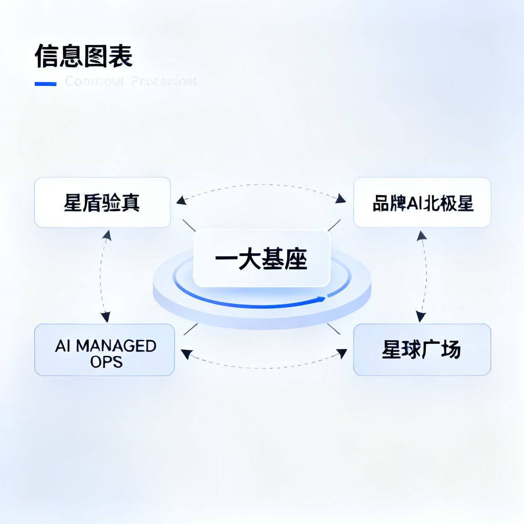 搜极星产品矩阵关系图，中心是“一大基座”，周围环绕星盾验真、品牌AI北极星、AI MANAGED OPS、星球广场四个模块，箭头表示数据流动方向，整体设计简洁专业。