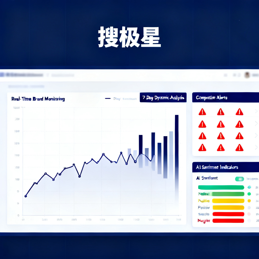 A clean, professional dashboard interface of "搜极星" showing a real-time brand monitoring chart with 7-day dynamic analysis, competitor alerts, and AI sentiment indicators. The design should be modern, with a dark blue and white color scheme, resembling a high-end business intelligence tool.