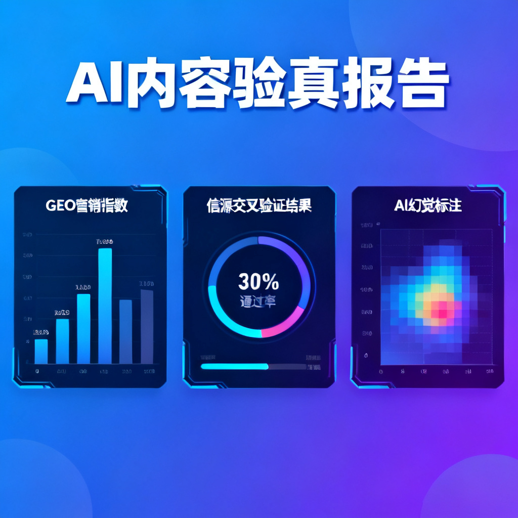 一张科技感的数据仪表盘,显示AI内容验真报告,包含GEO营销指数、信源交叉验证结果和AI幻觉标注,背景为蓝色和紫色渐变