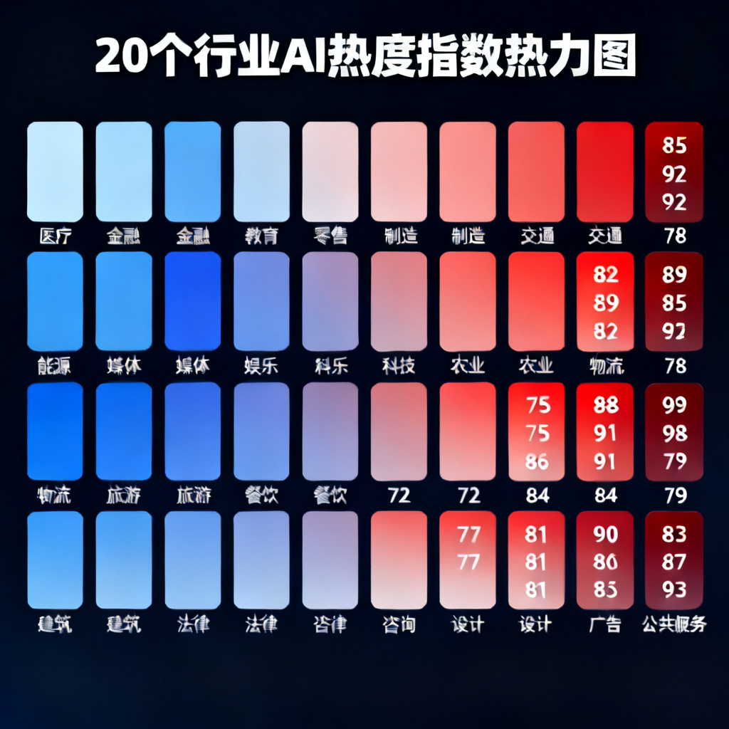 一个数据面板，显示20个行业分类的AI热度指数，以热力图形式呈现