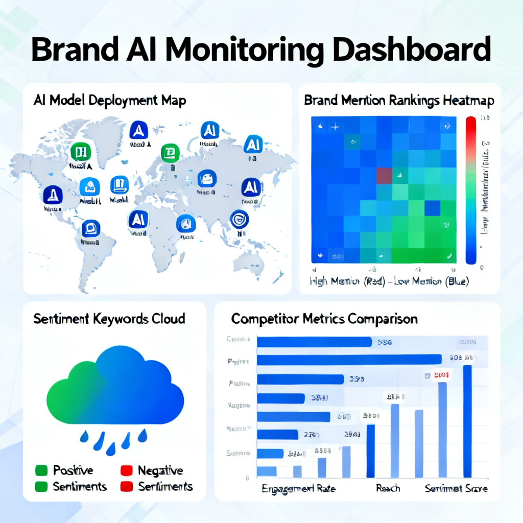 A real-time dashboard interface for brand AI monitoring, showing a map of 12+ AI model icons, a heatmap of brand mention rankings, a key words cloud for positive and negative sentiments, and a competitor comparison chart with multiple metrics.