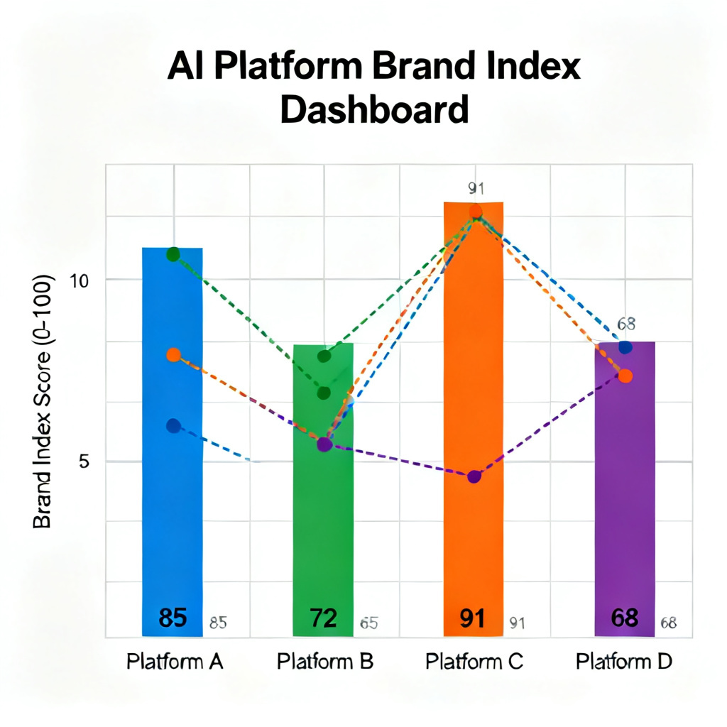 A dashboard showing brand index scores across multiple AI platforms, with colorful bar charts and trend lines.