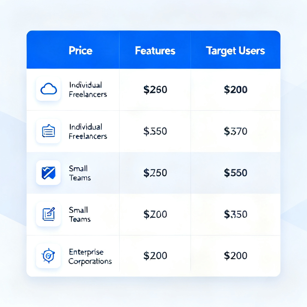 A professional infographic showing a comparison table of five versions of a software tool, with columns for price, features, and target users. The design is clean, corporate blue and white, with icons for each feature.
