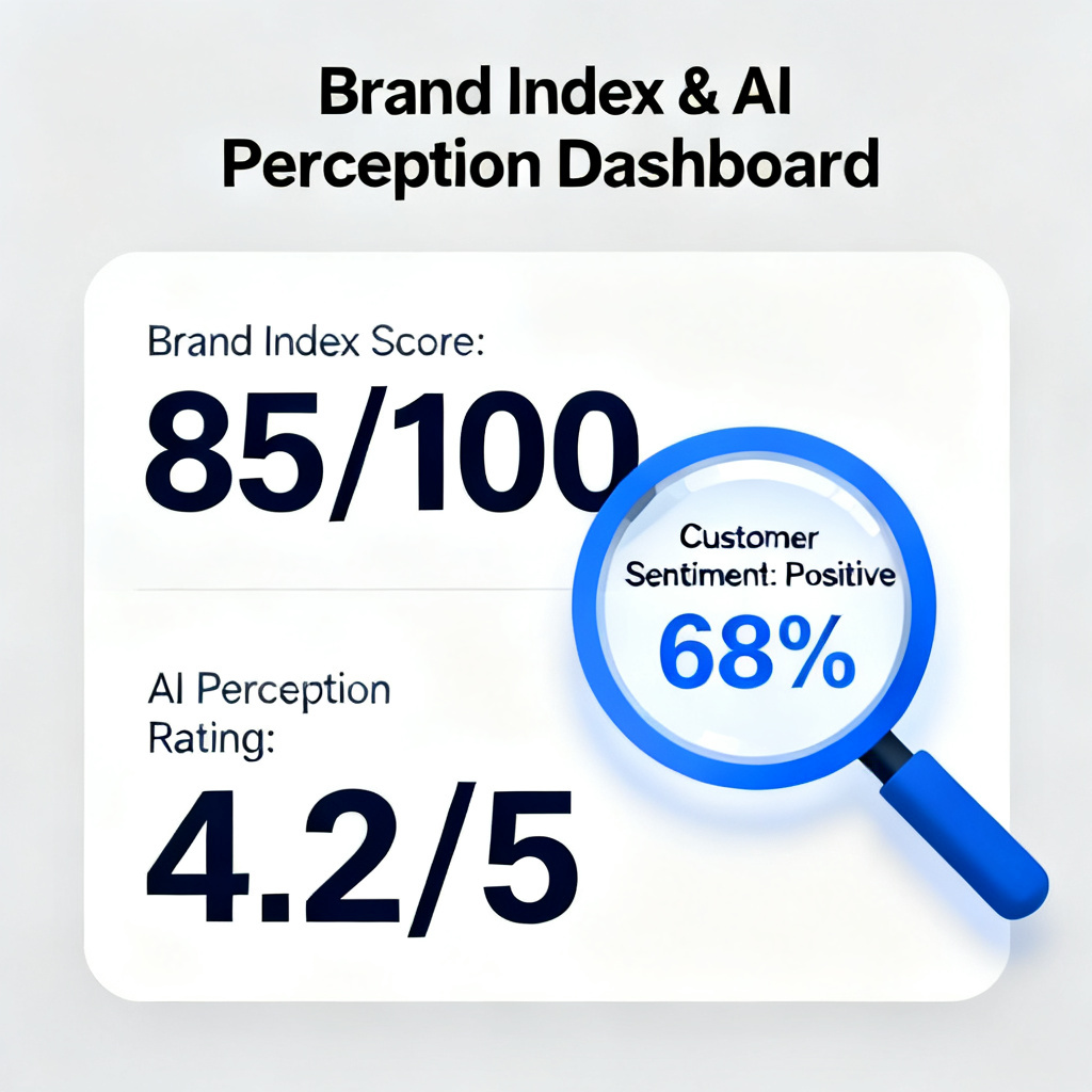A dashboard showing brand index scores and AI perception metrics, with a magnifying glass highlighting details.