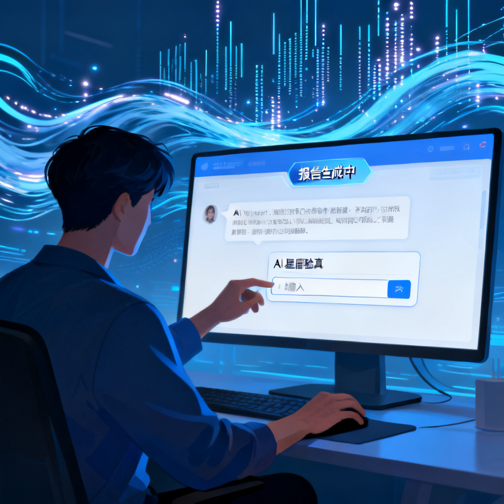 一个人将AI对话内容粘贴到星盾验真输入框，界面显示报告生成中，背景有数据流和扫描线