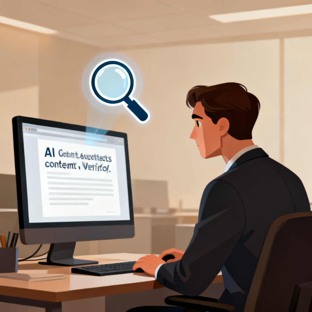 A journalist staring at a computer screen with a magnifying glass icon hovering over AI-generated text, symbolizing content verification.