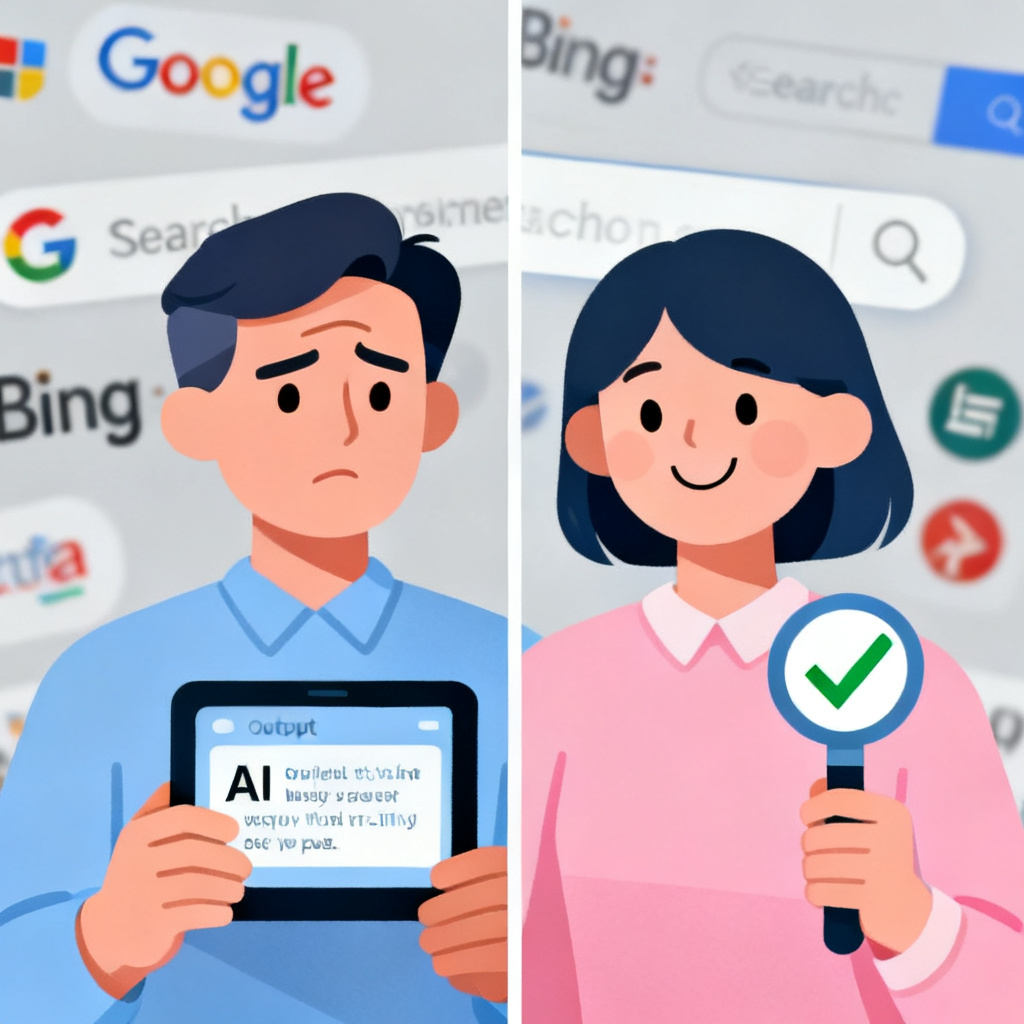 A split scene: left side shows a confused consumer reading AI output, right side shows the same consumer smiling after using verification tool, with search engine logos in background