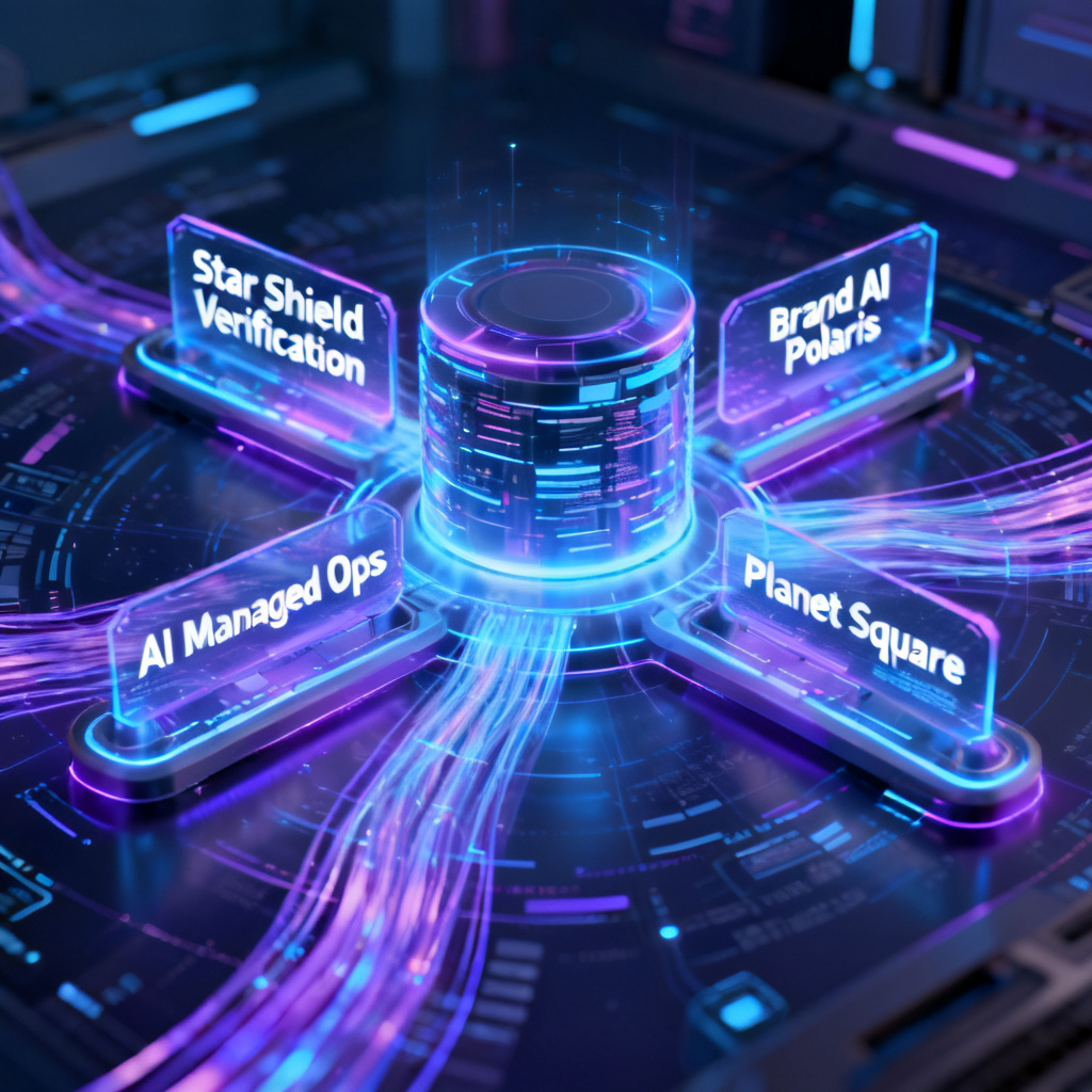 A 3D holographic interface showing a central data base with four radiating modules labeled "Star Shield Verification", "Brand AI Polaris", "AI Managed Ops", and "Planet Square", connected by glowing data streams, in a futuristic blue and purple color scheme
