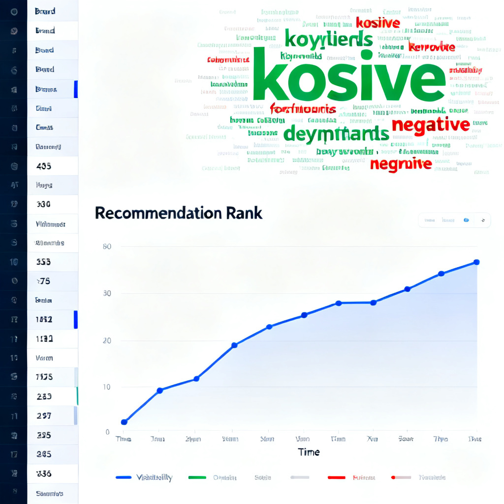 A dynamic dashboard showing brand visibility metrics across multiple AI models. The main chart displays a line graph tracking "Recommendation Rank" over time, with a word cloud showing positive and negative keywords associated with the brand. A sidebar lists competing brands with their visibility scores.