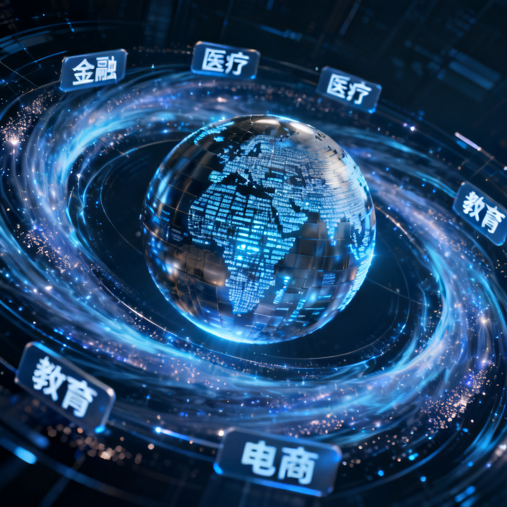 一个巨大的数据星球，周围环绕着行业标签，形成银河，科技蓝，大数据可视化
