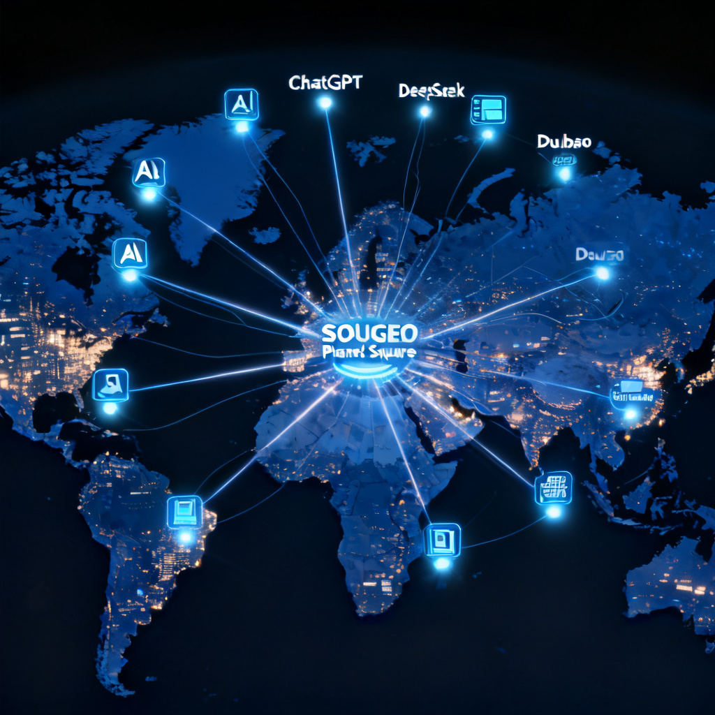 A global network map with 12 glowing nodes representing different AI models (ChatGPT, DeepSeek, Doubao, etc.) interconnected by data streams. Each node emits light beams that converge into a central hub labeled 'SOUGEO Planet Square'. The map shows continents in dark blue with bright city lights, emphasizing global coverage and real-time data flow. The style is futuristic and clean, with a focus on technological sophistication.