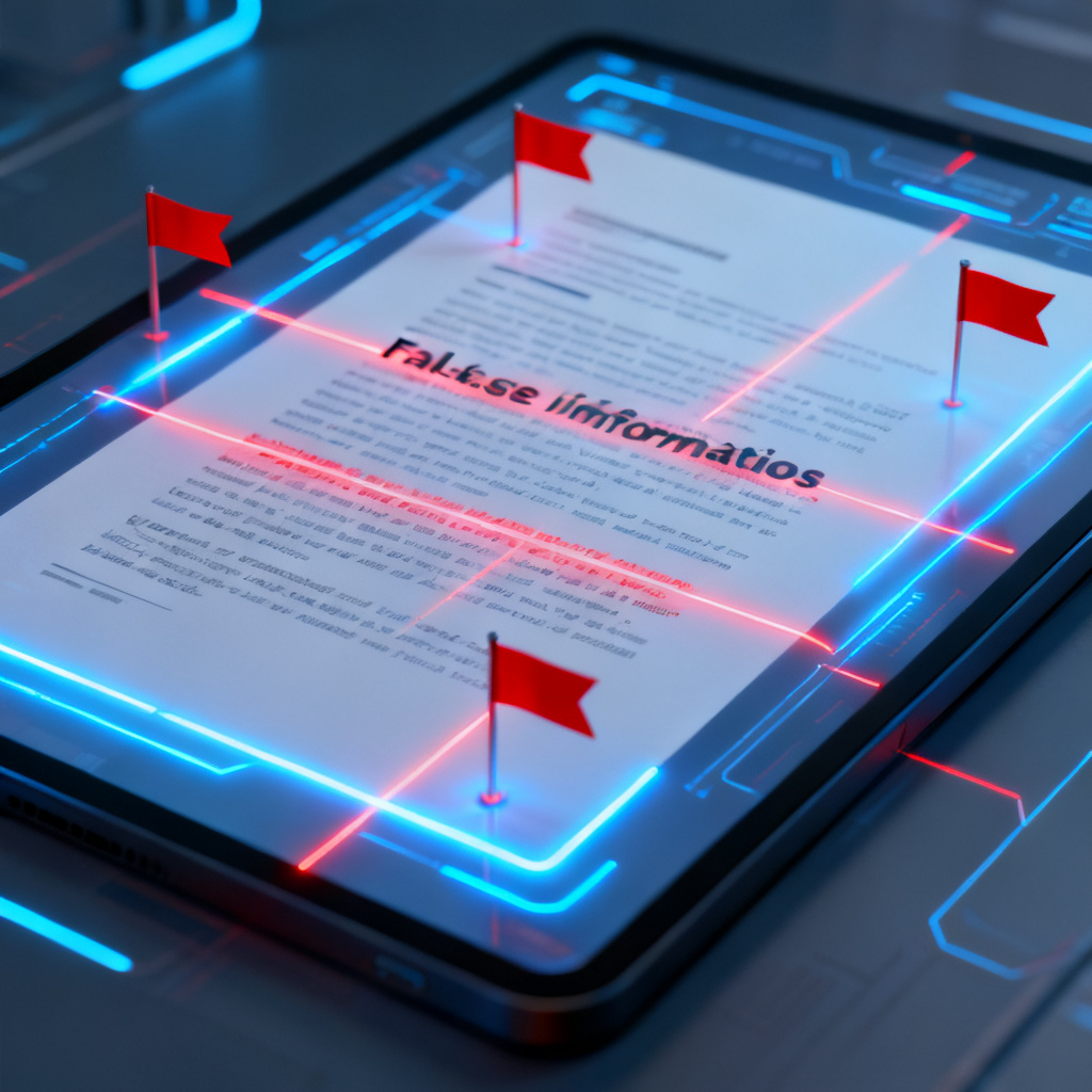 A futuristic interface showing a security scanner for AI-generated text, with red flags marking false information and marketing soft text. The design is minimalist, with glowing blue and red lines crossing a digital document.