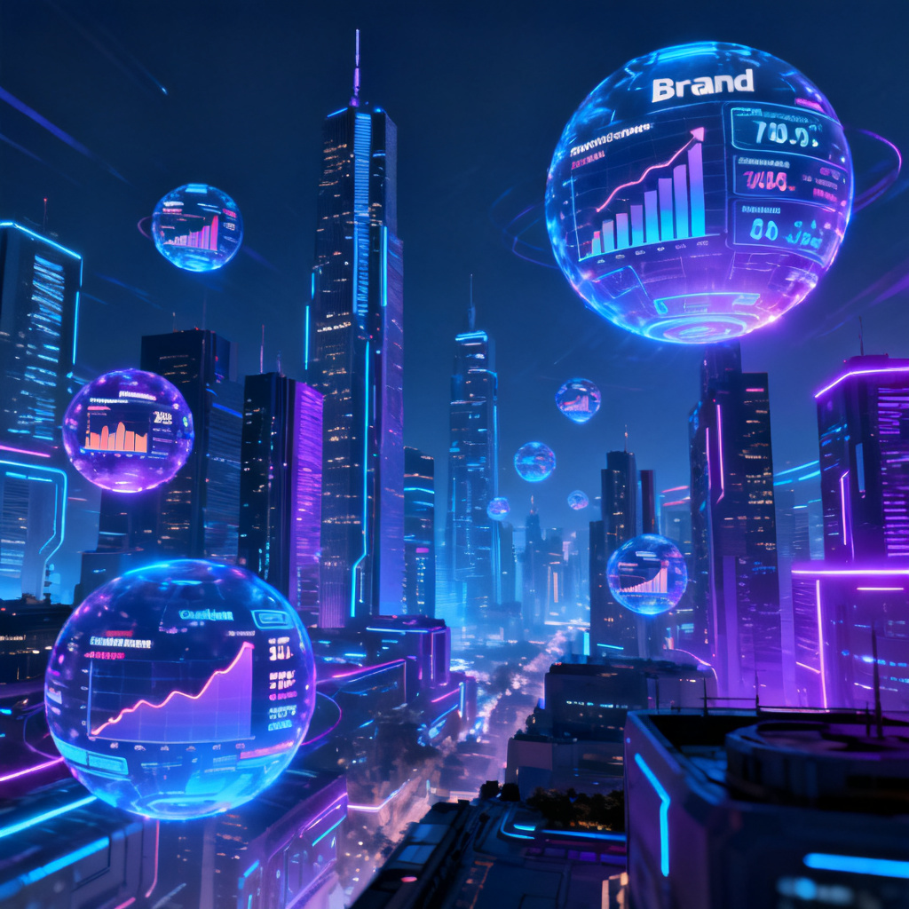 A panoramic view of a futuristic city with floating data spheres representing different industries, each showing brand performance metrics. Style: sci-fi, wide angle, glowing blue and purple hues.