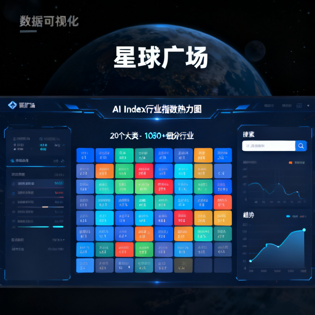 星球广场页面，显示AI Index行业指数热力图，覆盖20个大类，1080+细分行业，右侧有搜索框和趋势图