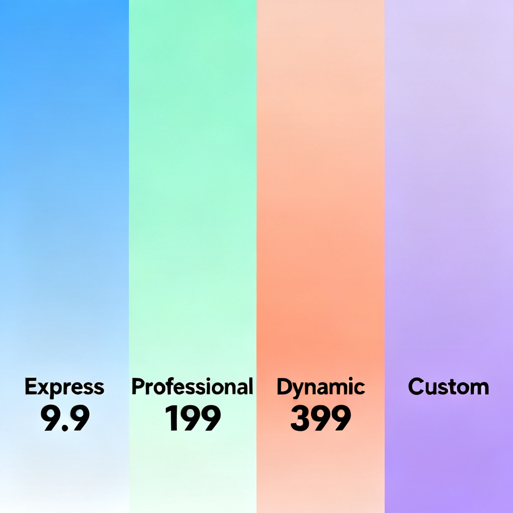A clean, professional pricing table with four columns: Express 9.9, Professional 199, Dynamic 399, Custom; each column has a different color gradient