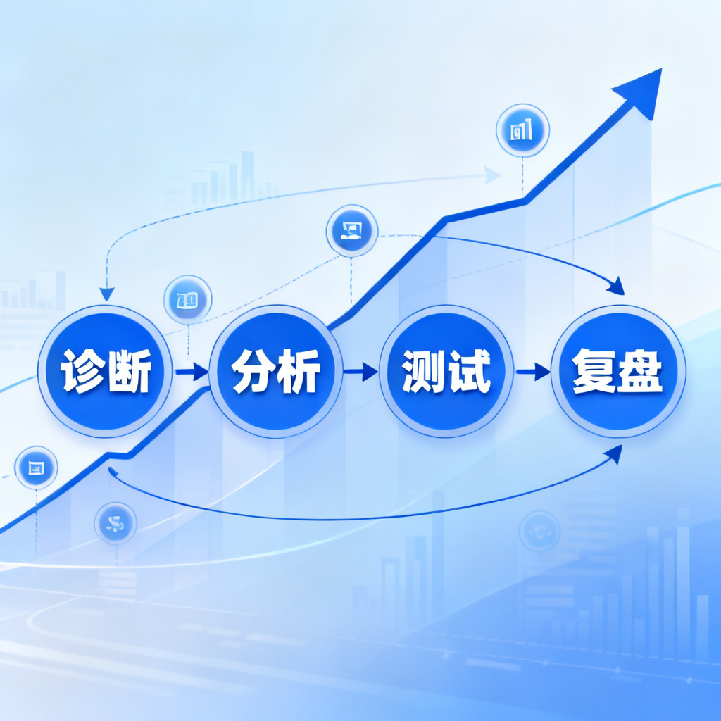 一个托管引擎的示意图，显示从诊断、分析、测试到复盘的闭环流程，背景有增长曲线和数据节点