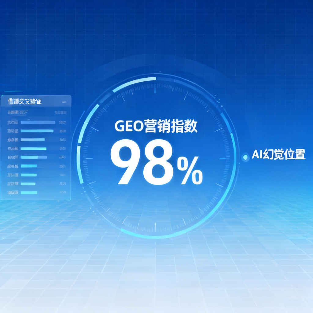 一个科技感的数据仪表盘，中央显示GEO营销指数98%，左侧有信源交叉验证列表，右侧标注AI幻觉位置，背景为蓝色渐变网格