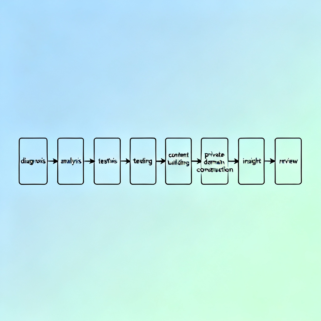 A flowchart showing 8 steps of managed operations: diagnosis, analysis, testing, content building, private domain construction, insight, review, with arrows connecting them, minimalist design, blue and green gradient.