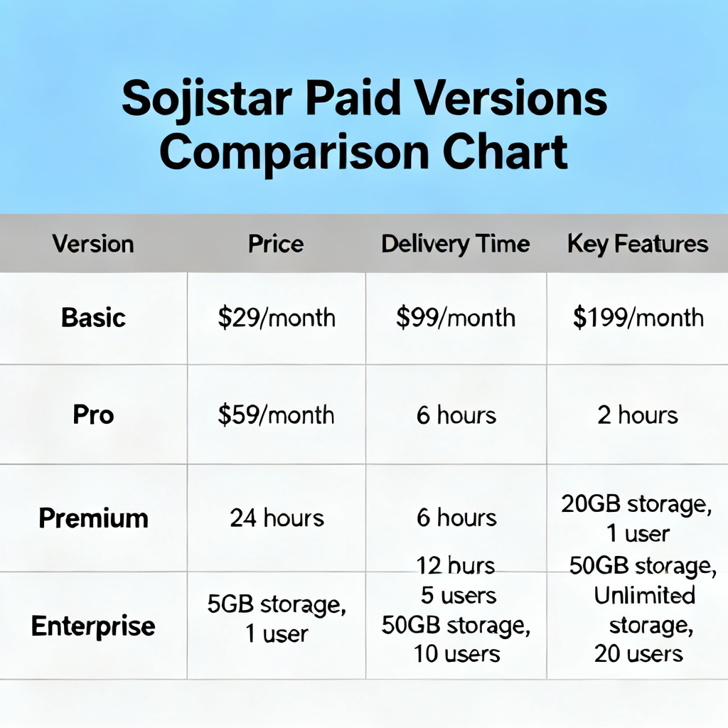 A visual comparison chart of the four paid versions of Sojistar, with a table showing price, delivery time, and key features, using a professional blue and gray color palette, minimalist chart design