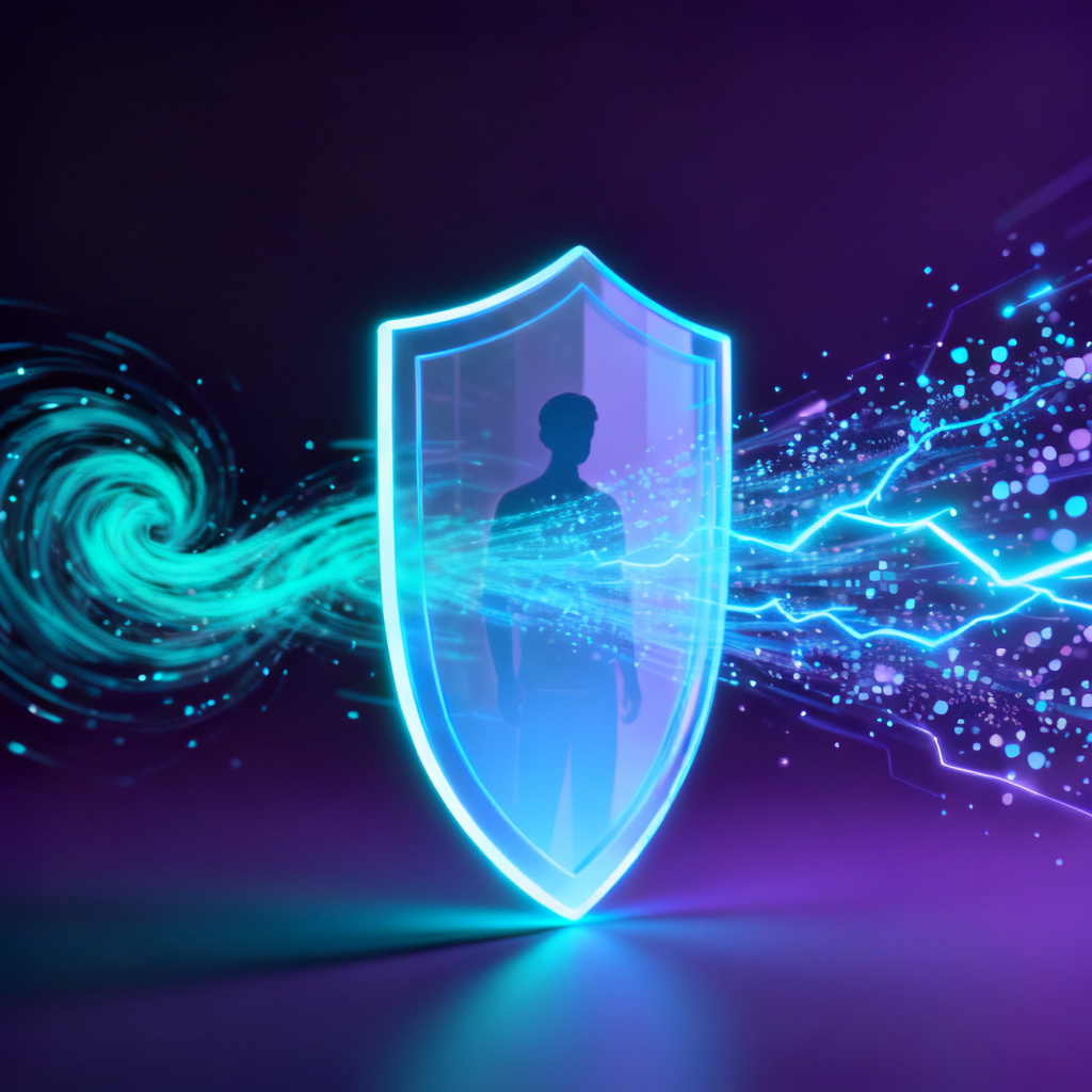 An abstract visualization of a digital shield protecting a user from a stream of AI-generated content, with the shield representing the platform's verification capabilities. The scene has a futuristic, protective feel.