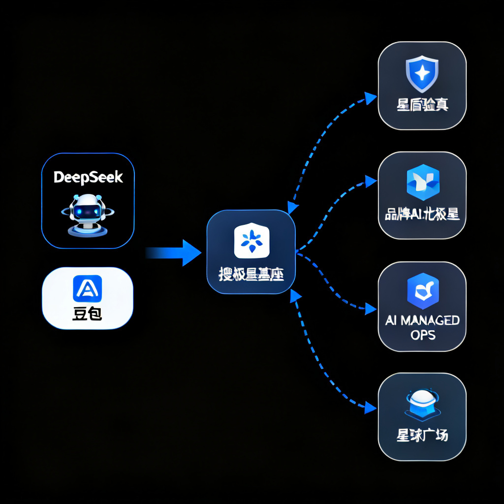 数据从多个AI模型（如DeepSeek、豆包）流向搜极星基座，然后分流到四个功能模块（星盾验真、品牌AI北极星、AI MANAGED OPS、星球广场）