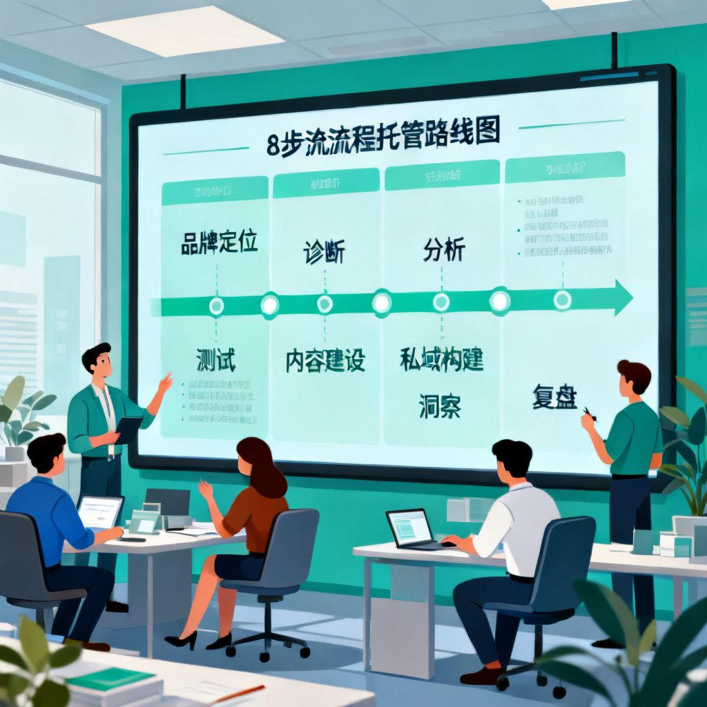 团队协作场景，屏幕显示8步全流程托管路线图，包括品牌定位、诊断、分析、测试、内容建设、私域构建、洞察、复盘