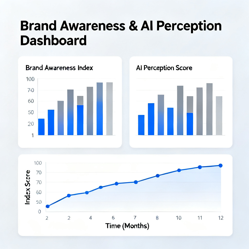 A dashboard interface showing brand awareness index and AI perception score, with bar charts and trend lines, in a clean corporate style