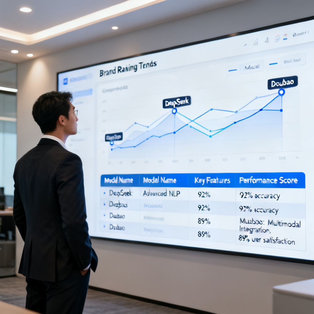 A business executive viewing a dashboard with brand ranking trends across multiple AI models like DeepSeek and Doubao, with a competitor comparison table below.