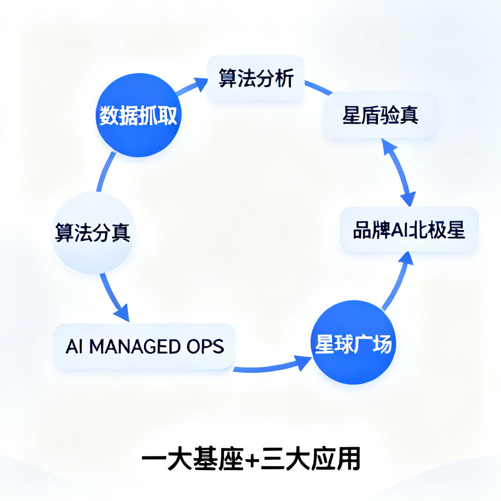 一个闭环流程图，从数据抓取、算法分析到星盾验真、品牌AI北极星、AI MANAGED OPS、星球广场，标注“一大基座+三大应用”。