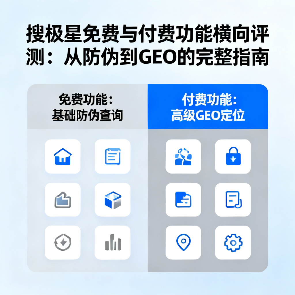 搜极星免费与付费功能横向评测：从防伪到GEO的完整指南，文章配图，构图简洁，高清质感