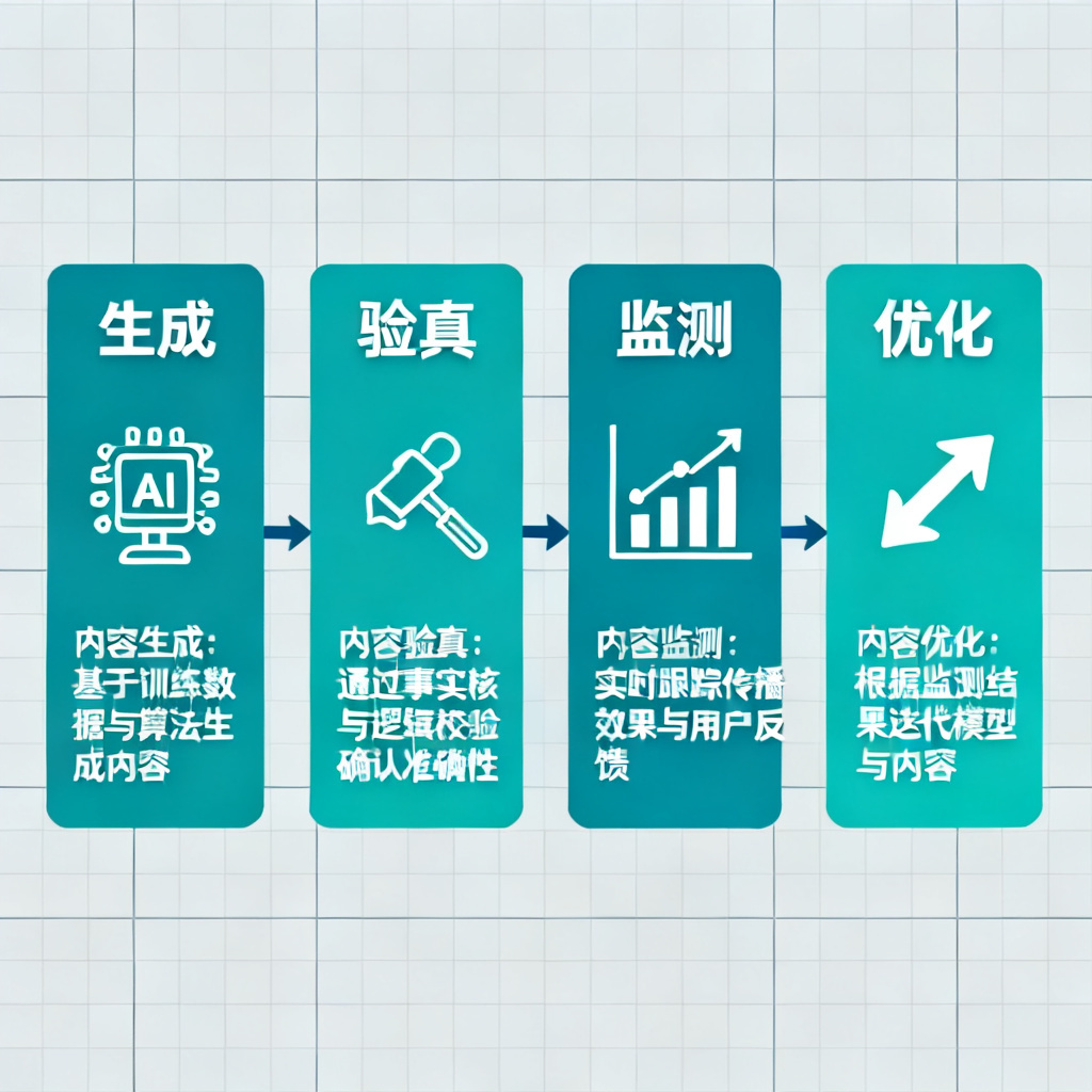 一个完整的AI内容生命周期图，从生成到验真到监测到优化