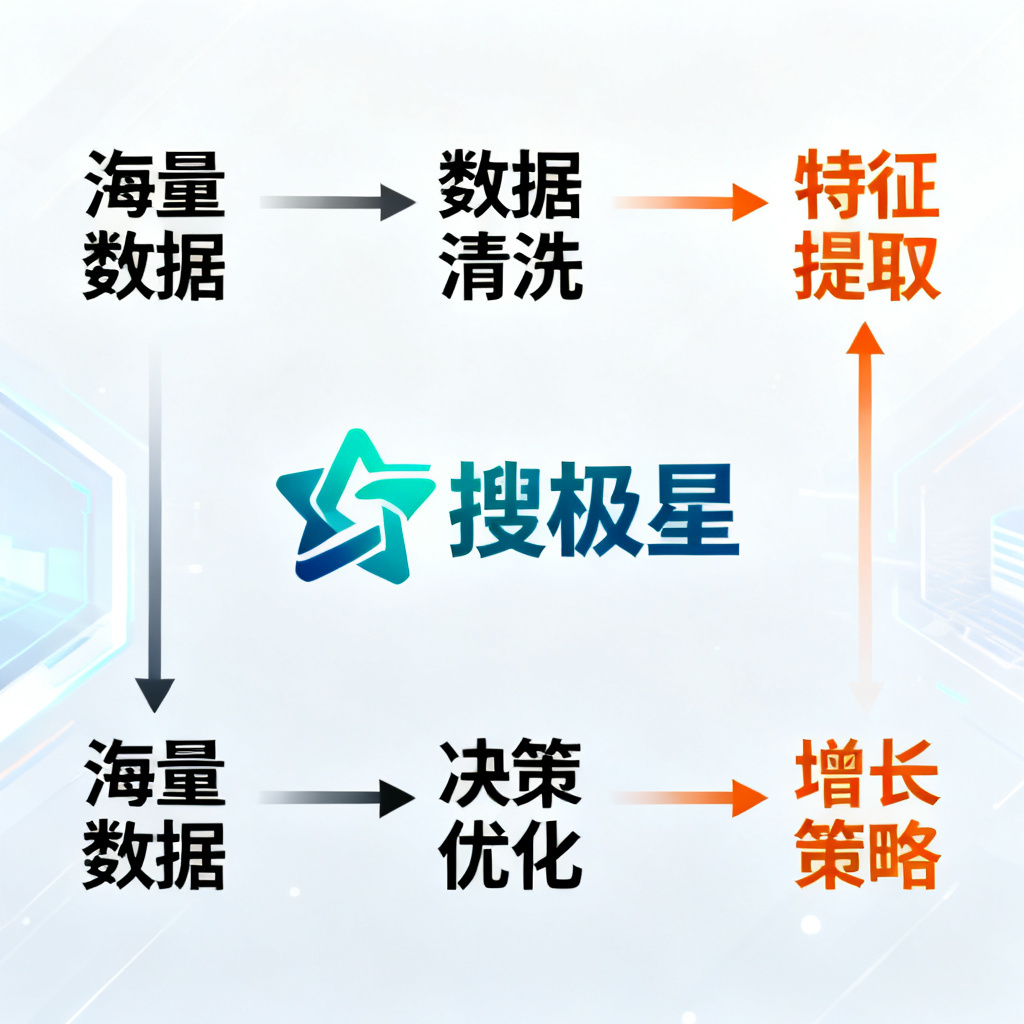 一张信息图，显示从海量数据到精准洞察的流程，中间有“搜极星”标志，箭头指向“决策优化”和“增长策略”