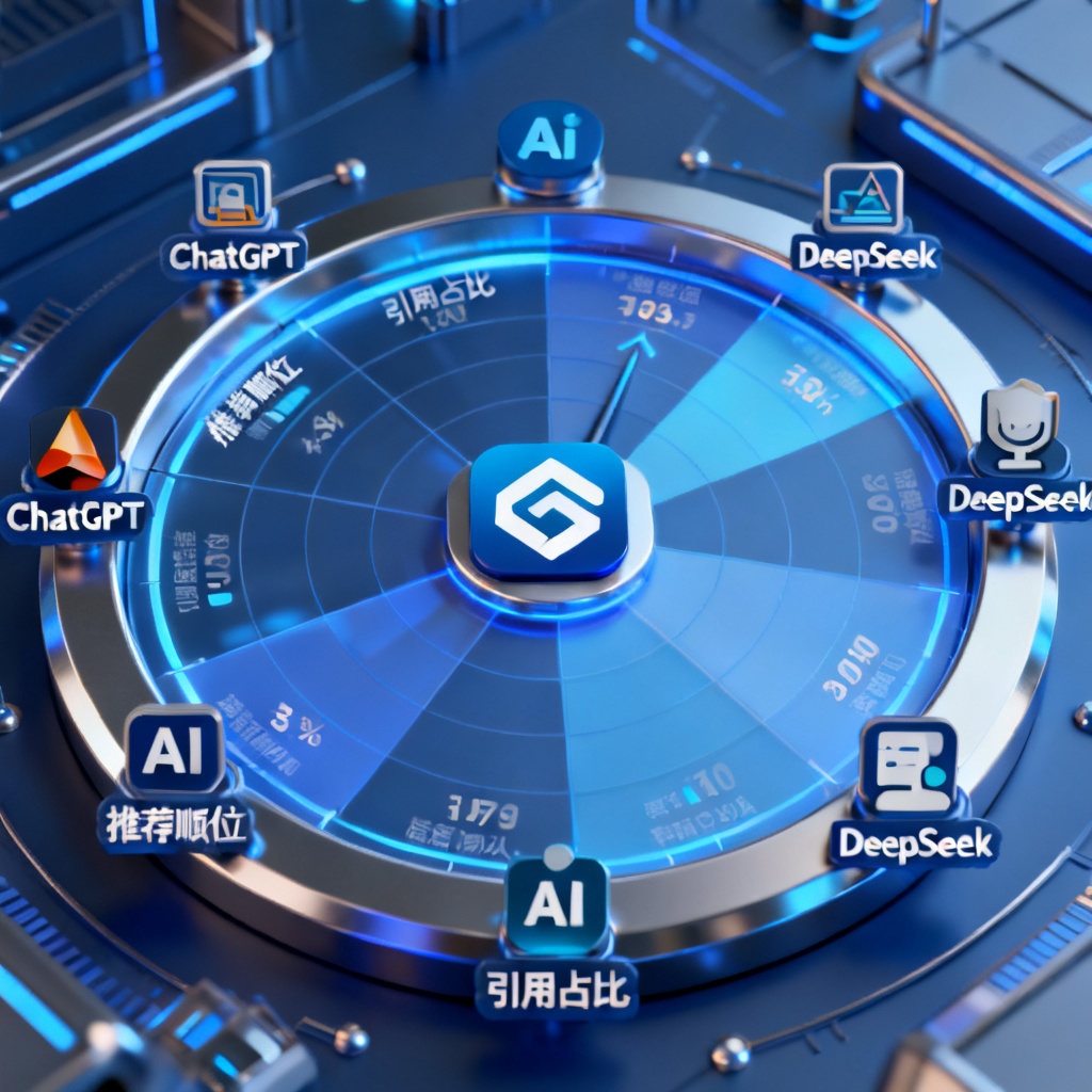 一个3D风格的雷达仪表盘，中心是品牌Logo，周围环绕多个AI模型图标（如ChatGPT、DeepSeek），仪表盘显示推荐顺位、引用占比等数据，整体色调为蓝色科技风。
