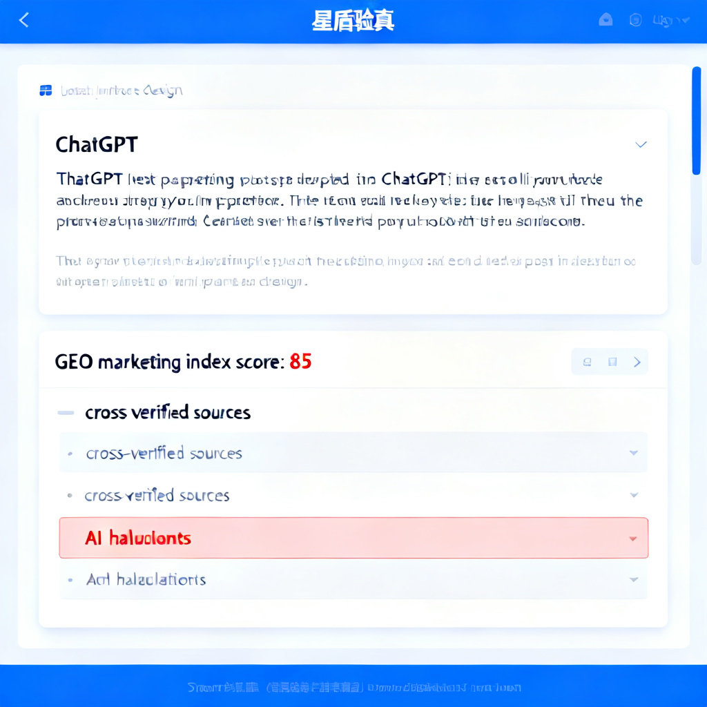 A user interface of 搜极星's "星盾验真" feature, showing a pasted text from ChatGPT and a generated report with a GEO marketing index score of 85, cross-verified sources, and highlighted AI hallucinations in red. The background is a clean, professional dashboard with blue and white tones.