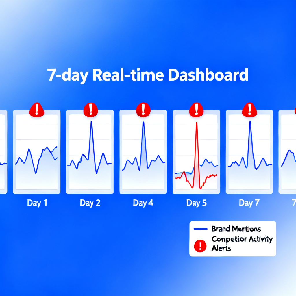 A conceptual illustration of "7-day Real-time Dashboard" showing a timeline with daily snapshots of brand mention trends, with alert icons indicating competitor activity spikes.
