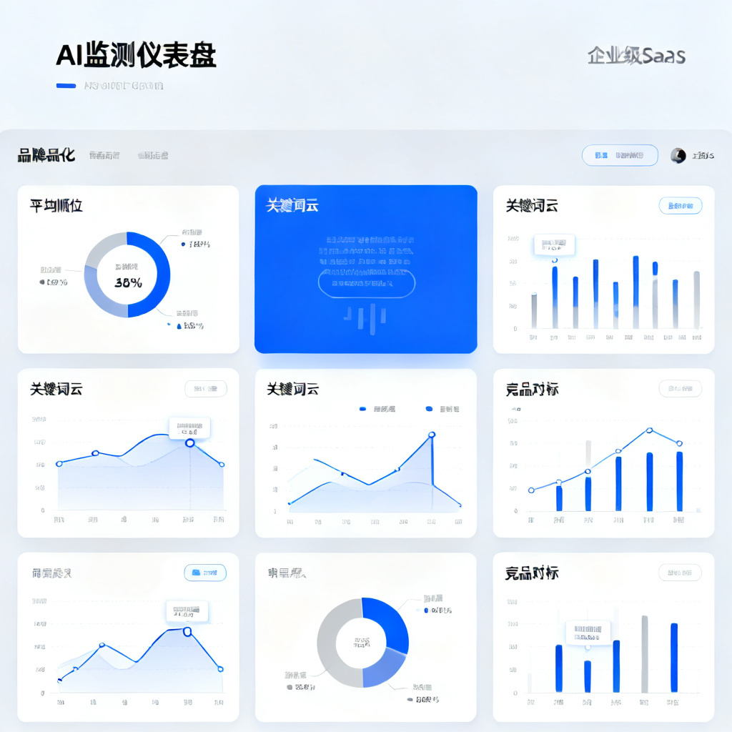 品牌AI监测仪表盘界面概念图，展示平均顺位、关键词云、竞品对标等数据卡片，扁平化设计风格，企业级SaaS产品界面