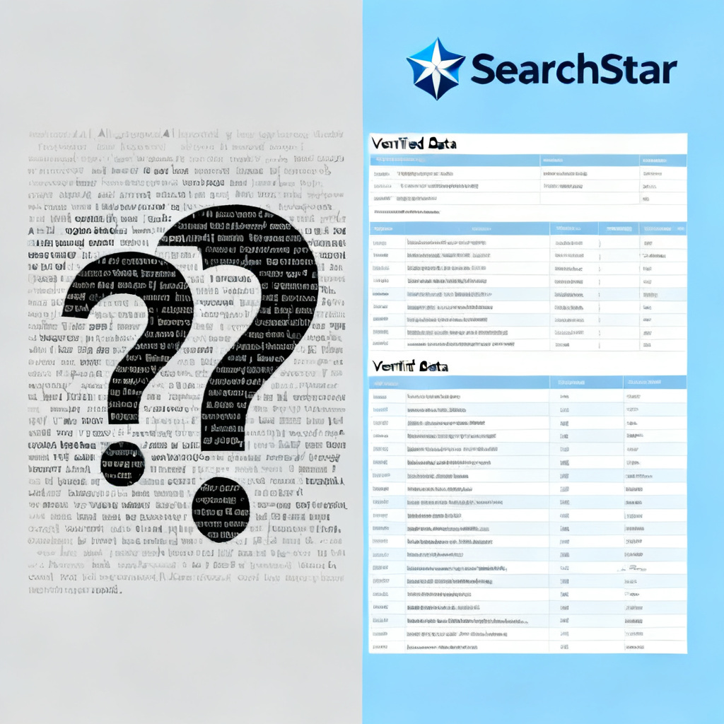 A split image showing left side as chaotic AI outputs with question marks, right side as organized verified data with a 'SearchStar' logo, symbolizing truth