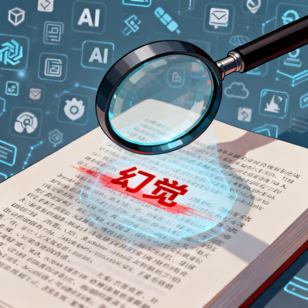 一个放大镜正在扫描一段文字，文字中出现红色高亮的“幻觉”标记，背景是各种AI图标