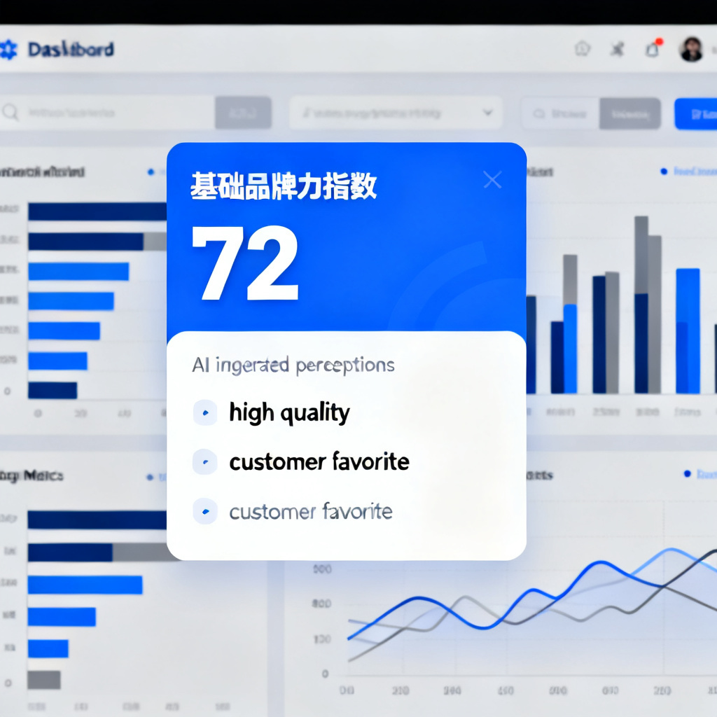 A dashboard showing a brand's "基础品牌力指数" with a score of 72, and a list of AI-generated perceptions like "high quality" and "customer favorite". The interface is clean, with charts and metrics in a modern business style.