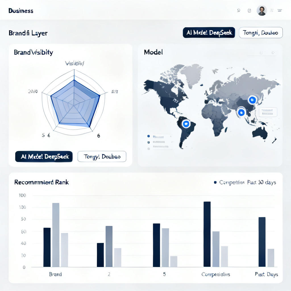 A clean business dashboard with multi-layer data visualization: a radar chart showing brand visibility across 6 dimensions, a world map with highlighted regions indicating AI model coverage, and a bar chart comparing the brand's recommendation rank against 5 competitors over the past 30 days. Software buttons labeled "AI Model: DeepSeek, Tongyi, Doubao" are visible.