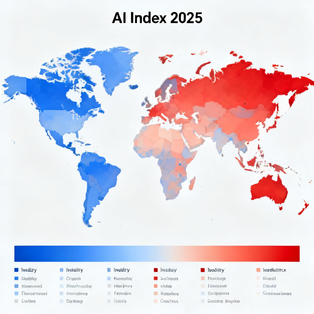 全球地图热力图，显示不同行业的AI热度指数，标注“AI Index 2025”，颜色从蓝色到红色表示热度递增，底部有行业分类标签。