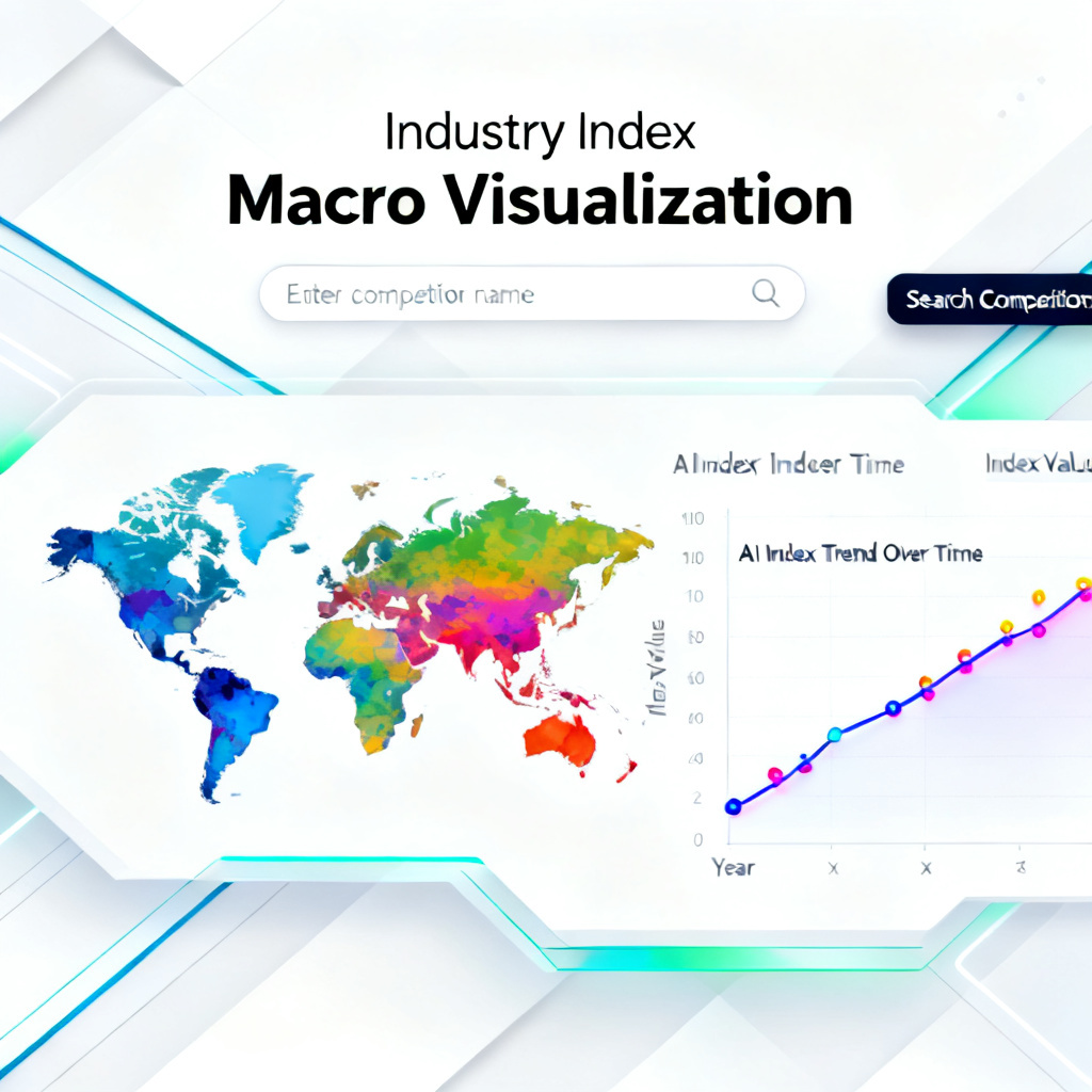 A macro data visualization interface for an industry index, showing a world map with color-coded regions, a line chart tracking AI Index trends over time, and a search bar for competitor analysis. The design is futuristic, with a clean white background and vibrant data points.