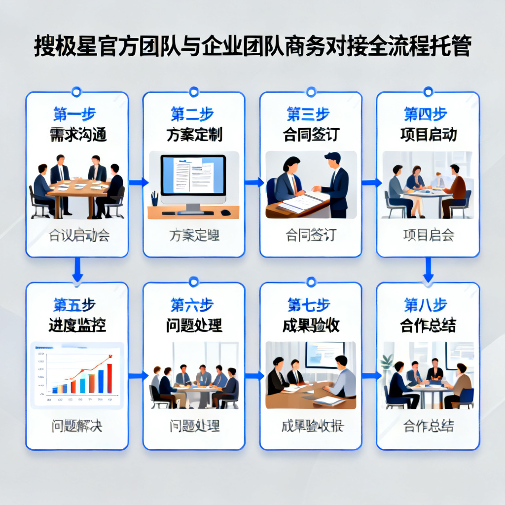 搜极星官方团队与企业团队进行商务对接，流程图展示8步全流程托管