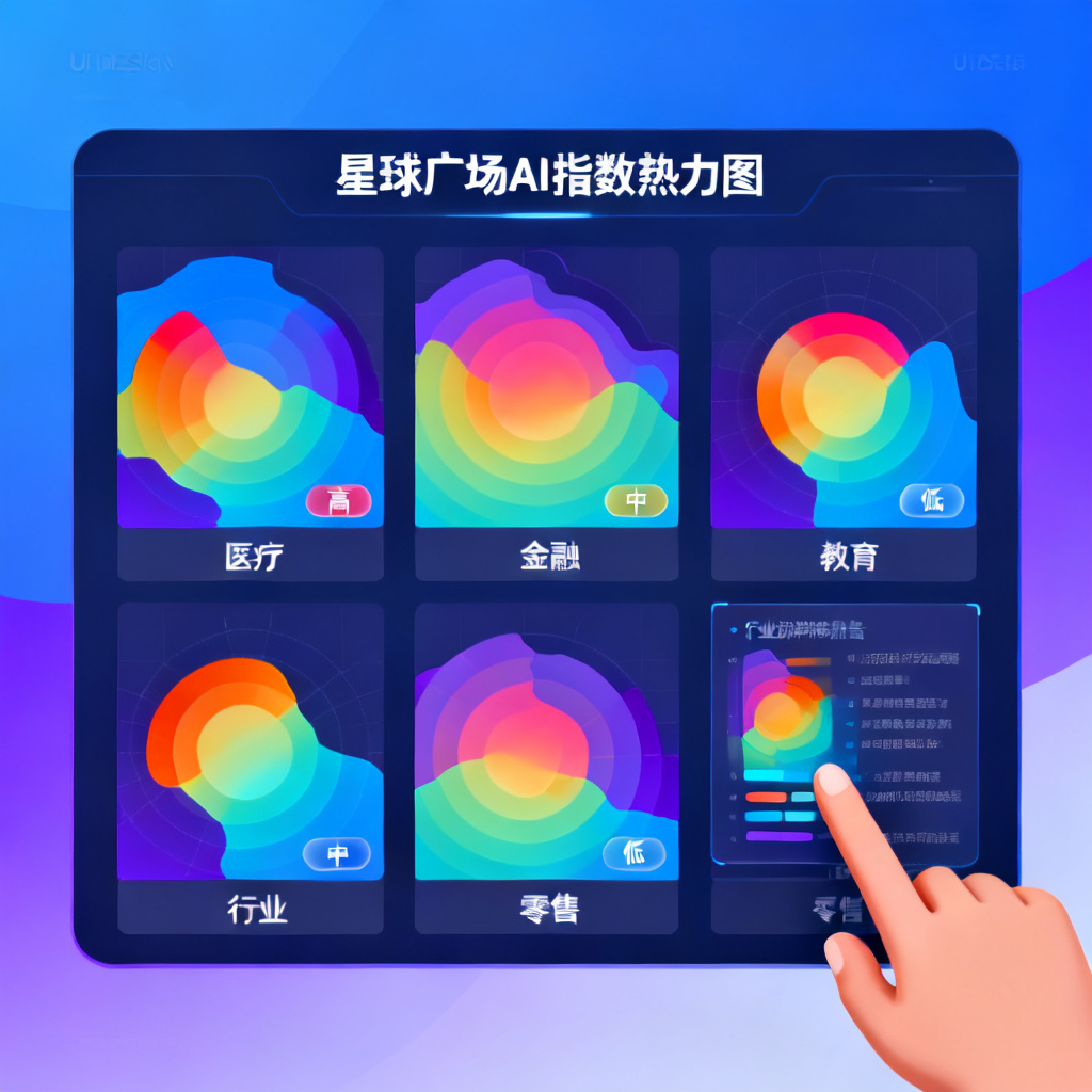 星球广场页面，展示多个行业的AI指数热力图，用户正在点击查看某个行业的详细报告