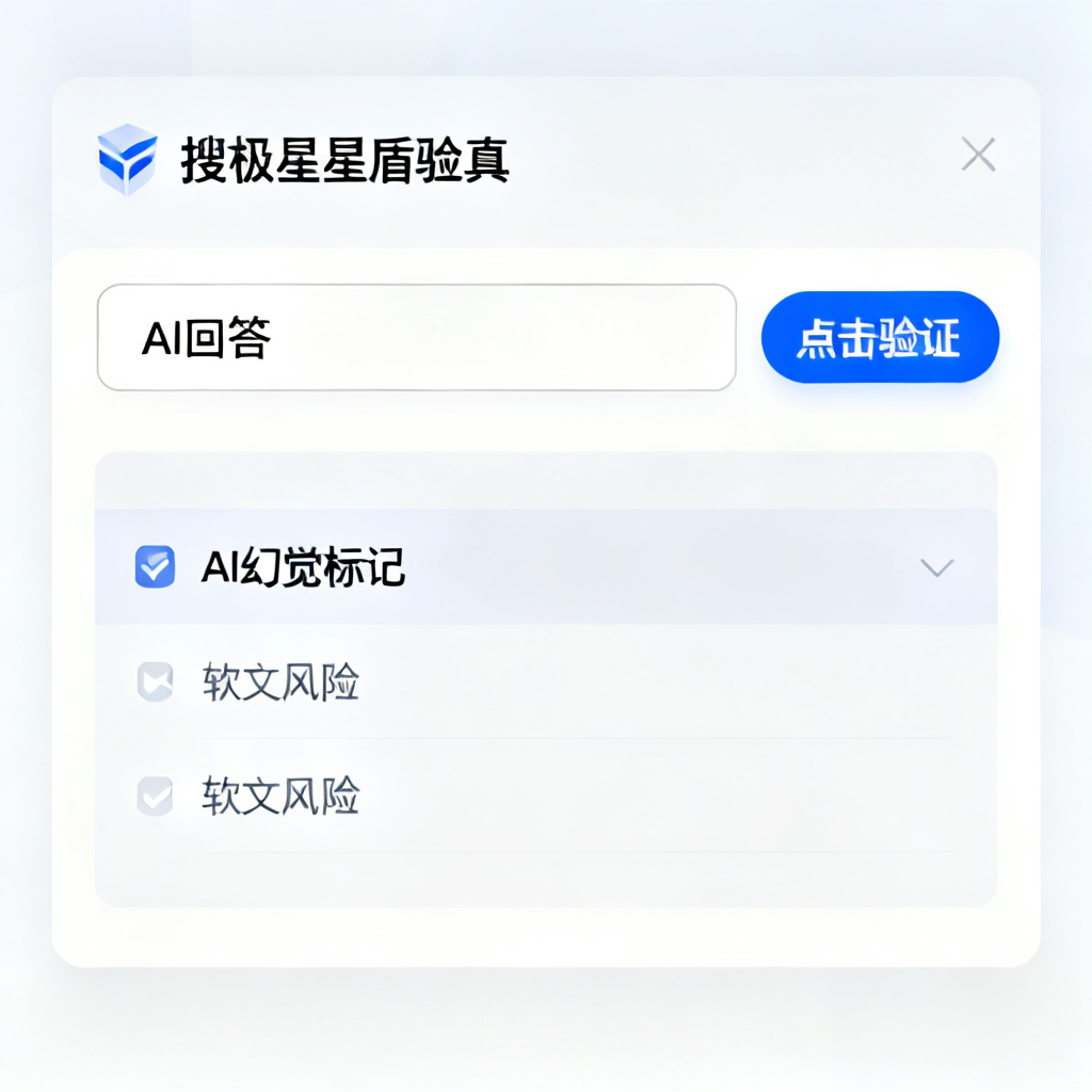 用户界面截图风格,显示搜极星星盾验真的操作流程:输入AI回答→点击验证→结果显示‘AI幻觉标记’、‘软文风险’等标签,简洁直观。