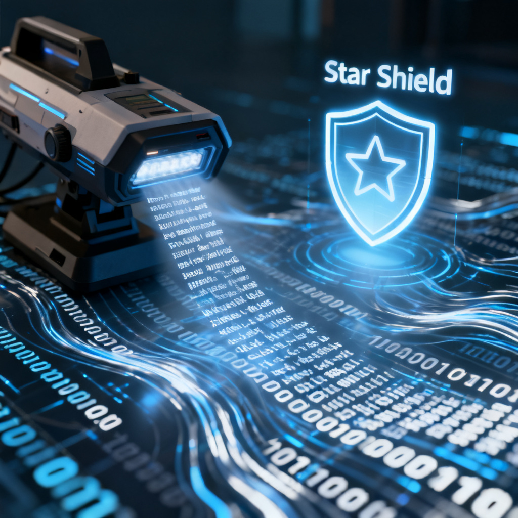 A futuristic scanning device analyzing digital text, with a glowing shield icon labeled 'Star Shield', digital background with binary code, cinematic lighting